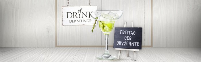 Ein eleganter Cocktail in einem hohen Glas, umgeben von Eiswürfeln und einem frischen Kräuterzweig, vor einer hellen Wand.