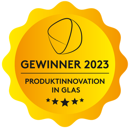 Ein goldener Auszeichnungssiegel mit dem Text 'Gewinner 2023' und dem Hinweis auf Produktinnovation in Glas.