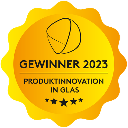 Ein goldener Auszeichnungssiegel mit dem Text 'Gewinner 2023' und dem Hinweis auf Produktinnovation in Glas.