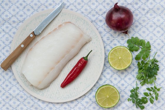 Ein frisches Fischfilet liegt auf einem Teller, umgeben von einer roten Chili, Limettenscheiben und frischem Koriander.