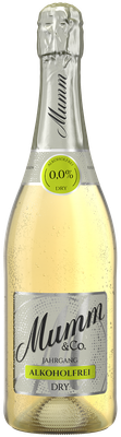 Eine Flasche alkoholfreier Sekt von Mumm & Co. mit einem spritzigen, hellen Inhalt und einem eleganten Etikett.