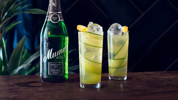 Zwei hohe Gläser mit einem erfrischenden Cocktail, garniert mit Gurkenscheiben und Zitrone, stehen auf einem Holztisch.