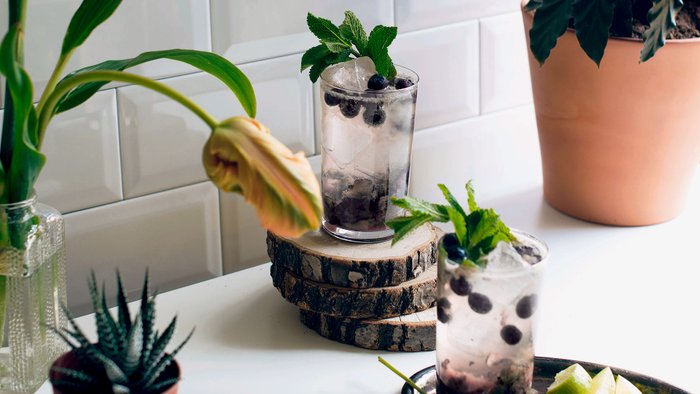 Ein stilvolles Getränk mit Eis und Heidelbeeren in einem Glas, dekoriert mit Minze, auf einem rustikalen Holzuntersetzer präsentiert.