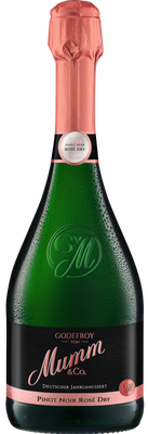 Eine Flasche Godefroy von Mumm Sekt, die mit einem rosafarbenen Kapselverschluss und Wassertropfen verziert ist.