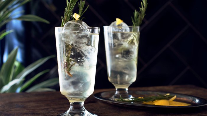 Zwei Cocktails mit Eis und Kräutern, die auf einem rustikalen Tisch stehen, umgeben von grünen Pflanzen im Hintergrund.