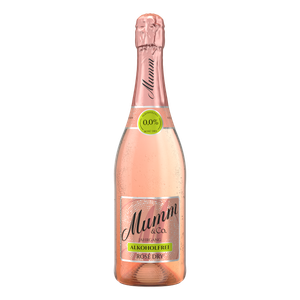 Eine Flasche alkoholfreier Rosé-Sekt mit einem eleganten, schimmernden Etikett und einem rosafarbenen Korken.