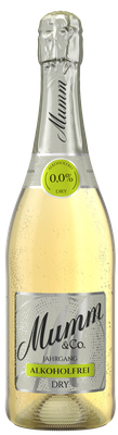 Eine Flasche alkoholfreier Sekt von Mumm & Co. mit einem spritzigen, hellen Inhalt und einem eleganten Etikett.