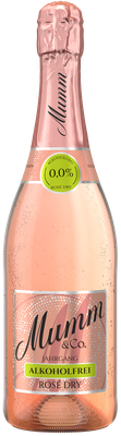 Eine Flasche alkoholfreier Rosé-Sekt mit einem eleganten, schimmernden Etikett und einem rosafarbenen Korken.