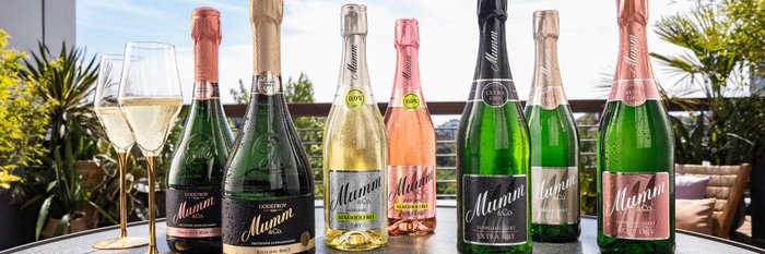 Sieben Flaschen Mumm Sekt in verschiedenen Desgins und Farben stehen auf einem grauen Untergrund, im Hintergrund ist ein sonniger Himmel zu sehen