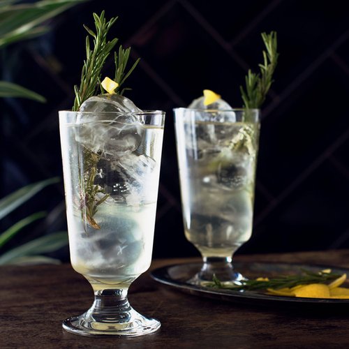 Ein stilvolles Getränk in einem hohen Glas, dekoriert mit frischem Rosmarin und einer gelben Zitronenscheibe, vor dunklem Hintergrund.