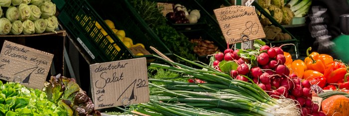 Ein bunter Marktstand mit frischem Gemüse, darunter Radieschen, Salat und Paprika, umgeben von handgeschriebenen Preisschildern.