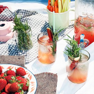 Auf einem karierten Tuch stehen Gläser mit erfrischenden Getränken, garniert mit Rosmarin und frischen Früchten.