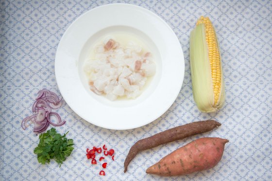 Ein Teller mit frischem Fisch in einer klaren Brühe, umgeben von buntem Gemüse wie Süßkartoffeln und Maiskolben.