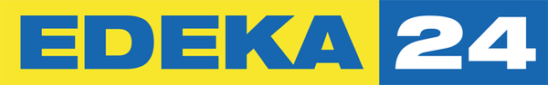 Das Logo von EDEKA 24 kombiniert kräftige Farben, mit dem blauen Schriftzug auf leuchtend gelbem Grund, was sofort ins Auge fällt.