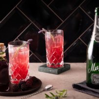 Auf einem modernen Tisch stehen zwei erfrischende Cocktails mit Lavendel und eine Flasche Sekt, umgeben von grünen Kräutern.