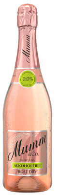 Eine Flasche alkoholfreier Rosé-Sekt mit einem eleganten, schimmernden Etikett und einem rosafarbenen Korken.