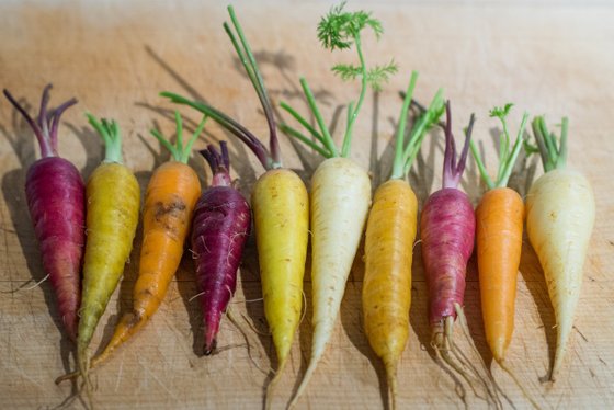Eine Reihe von bunten Karotten in verschiedenen Farben, die auf einem Holzbrett angeordnet sind, mit frischen grünen Blättern.