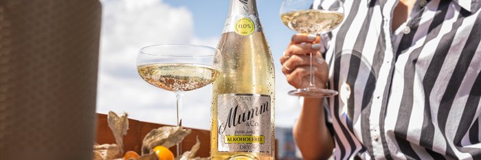 Eine Person in grau-weiß gestreiftem Oberteil steht an einem Tisch mit zwei gefüllten Gläsern und einer Flasche Sekt sowie einer Pflanze