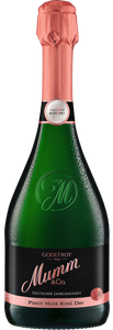 Eine Flasche Godefroy von Mumm Sekt, die mit einem rosafarbenen Kapselverschluss und Wassertropfen verziert ist.