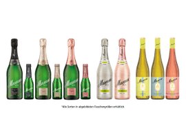 Eine Auswahl an Mumm-Sektflaschen in verschiedenen Größen und Geschmacksrichtungen, die auf einem weißen Hintergrund präsentiert werden.