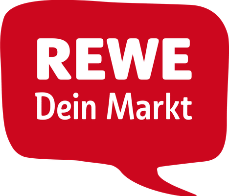Das Logo von REWE zeigt den Slogan 'Dein Markt' in einer klaren, modernen Schrift auf rotem Hintergrund.