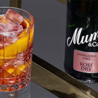 Ein elegantes Glas mit einem rosafarbenen Cocktail, gefüllt mit Eiswürfeln und einer Orangenscheibe, steht auf einem glänzenden Tisch.