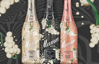 Drei Flaschen Sekt von Mumm & Co. stehen vor einem eleganten, floral gestalteten Hintergrund in sanften Farben.